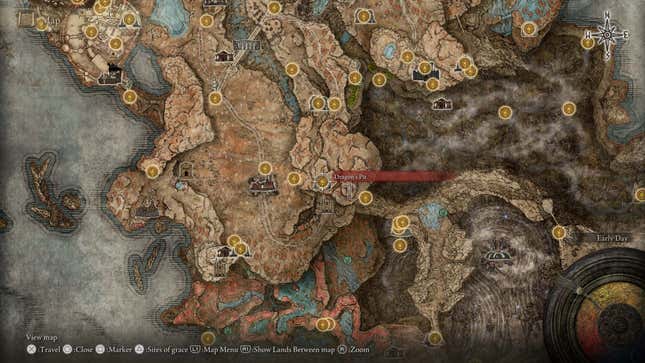 Une capture d'écran de la carte d'Elden Ring montre l'emplacement de la fosse du dragon.