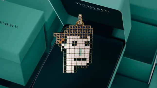 An example of the "NFTiffs" featuring CryptoPunks. A pendant shaped like a pixelated punk is shown.