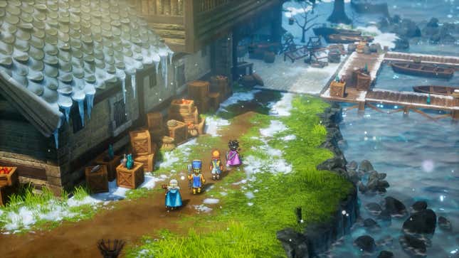 The party in Dragon Quest walks through a fantasy village.