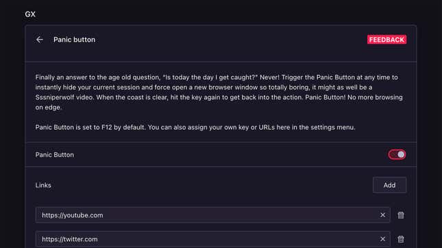 Customize the panic button in Opera GX.