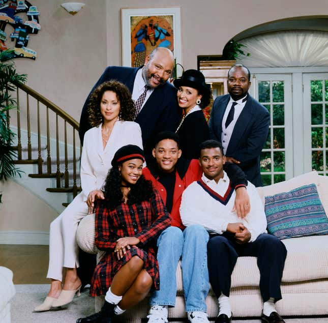 THE FRESH PRINCE OF BEL-AIR — Season 4 — Pictured: (front l-r) Tatyana Ali as Ashley Banks; Will Smith as William ‘Will’ Smith; Alfonso Ribeiro as Carlton Banks; (back l-r) Karyn Parsons as Hilary Banks; James Avery as Philip Banks; Daphne Reid as Vivian Banks; Joseph Marcell as Geoffrey 