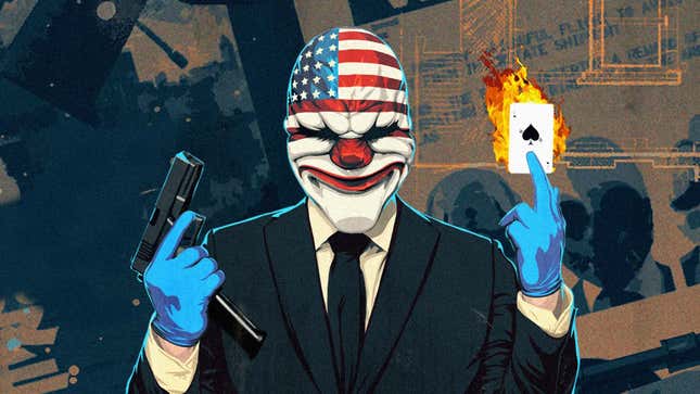 Image depicting a masked man with a gun and a flaming card. Image courtesy of Starbreeze