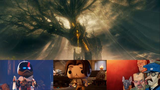 Clockwise from top: Elden Ring: Shadow Of The Erdtree (Image: Bandai Namco), The Rise Of The Golden Idol (Image: Playstack), Funko Fusion (Image: Funko), Astro Bot (Image: Sony)