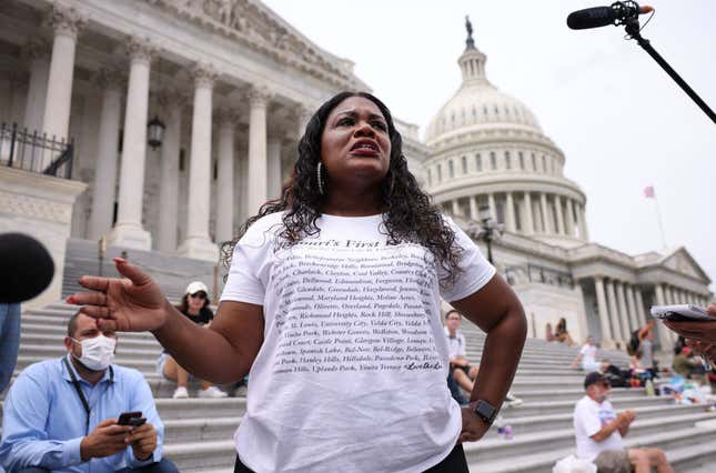 Rep. Cori Bush (D-MO) speaks about the end of the eviction moratorium at the U.S. Capitol on August 03, 2021, in Washington, DC. Bush, and other Representatives, have been sleeping on and occupying the House steps in protest of their House colleagues adjourning for August recess without passing an extension of the eviction moratorium. 