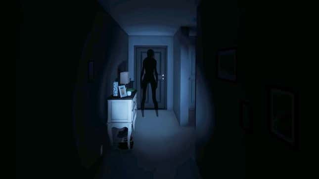 A dark hallway is barely illuminated by a flashlight, revealing a shadowy figure blocking the only exit.