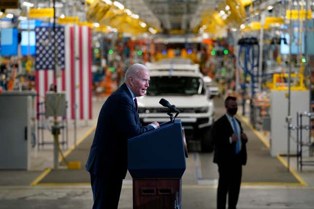 President Joe Biden speaks during a visit to the General Motors Factory ZERO electric vehicle assembly plant on Nov. 17, 2021, in Detroit. The Biden Administration targeted half of all new vehicle sales in the nation to be electric by 2030 in August 2021 as part of its efforts to slash greenhouse gas emissions. (AP Photo/Evan Vucci, File)