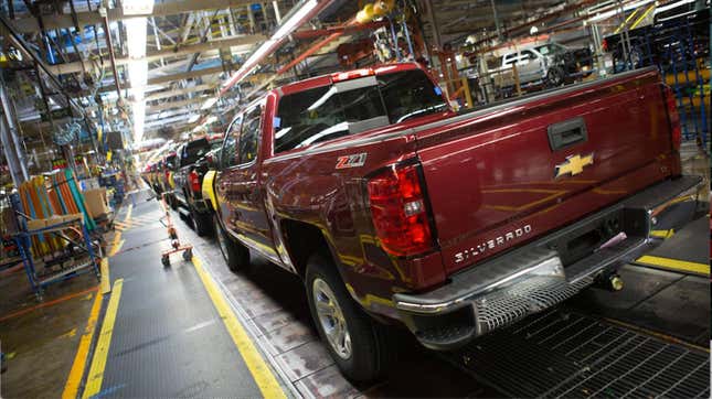 A Chevrolet Silverado Z71 rolls through the assembly line at the General Motors Silao Complex