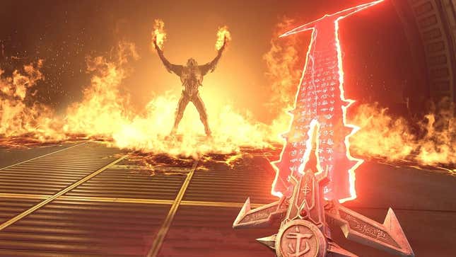 A screenshot of DOOM Eternal showing the player wielding a gnarly looking sword from Hell against a demon wielding fire.