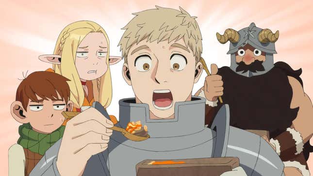 An anime character eats while people emote behind him. 