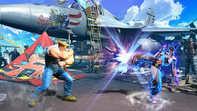 On the left is the character Guile after launching a projectile, which is being parried by the character Juri on the right.