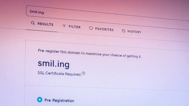 A photo of the author's screen trying to register the domain "smil.ing"