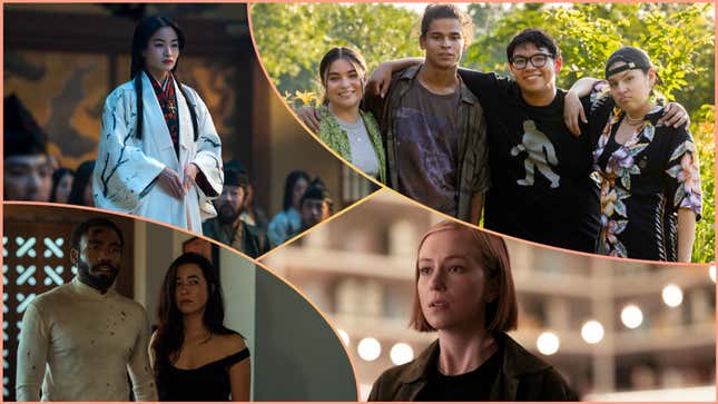 Clockwise from bottom left: Donald Glover and Maya Erskine in Mr. &amp; Mrs. Smith; Anna Sawai in Shōgun; Devery Jacobs, D’Pharaoh Woon-A-Tai, Lane Factor, and Paulina Alexis in Reservation Dogs; Hannah Einbinder in Hacks