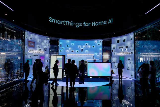 dark figures of people in a lit up booth with the words Smart Things for Home AI floating above