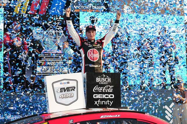 Oct 22, 2023; Homestead, Florida, USA; NASCAR Cup Series driver Christopher Bell (20) celebrates in victory lane after winning the 4EVER 400 presented by Mobil 1 at Homestead-Miami Speedway.