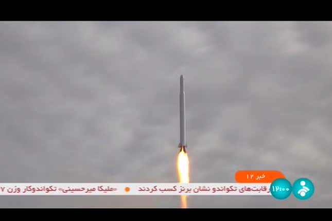 This frame grab from video aired by Iranian state television on Wednesday, Sept. 27, 2023, shows what Iran&#39;s Communication Minister Isa Zarepour said is a Noor-3 satellite being launched from an undisclosed location, in Iran. Iran claimed on Wednesday that it successfully launched an imaging satellite into space, a move that could further ratchet up tensions with Western nations that fear its space technology could be used to develop nuclear weapons. (IRIB via AP)