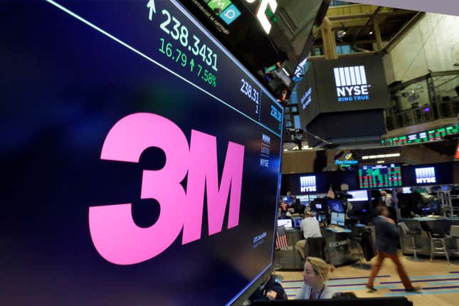 FILE - The logo for 3M appears on a screen above the trading floor of the New York Stock Exchange, Oct. 24, 2017. 3M has started paying out parts of its $6 billion settlement to U.S. service members who say they experienced hearing loss or other serious injuries after using faulty earplugs made by the company. The chemical and consumer product manufacturer made a $250 million payment to the qualified settlement fund on Dec. 26, expected to result in 25,000 to 30,000 claimants dismissing associated litigation. (AP Photo/Richard Drew, File)