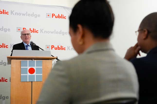 Sen. Peter Welch, D-Vt., speaking about the Affordable and Connectivity Program, ACP, at the Shaw Library in Washington, Tuesday, April 30, 2024. Advocacy groups and policymakers are pushing for Congress to fully fund the ACP, because April 2024 marks the last month of full funding. (AP Photo/Pablo Martinez Monsivais)