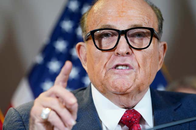 Former Mayor of New York Rudy Giuliani, a lawyer for President Donald Trump, speaks during a news conference at the Republican National Committee headquarters, Thursday Nov. 19, 2020, in Washington. The Georgia prosecutor investigating the conduct of former President Donald Trump and his allies after the 2020 election is trying to compel U.S. Sen. Lindsey Graham and former New York Mayor Giuliani to testify before a special grand jury. Fulton County District Attorney Fani Willis on Tuesday, July 5, 2022, filed petitions with the judge overseeing the special grand jury.