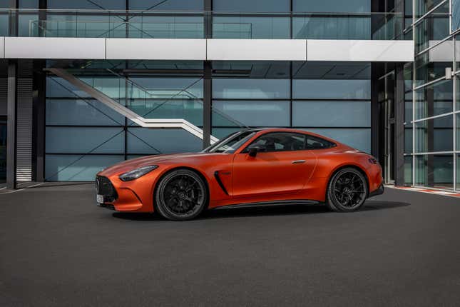 Side view of an orange Mercedes-AMG GT63 coupe