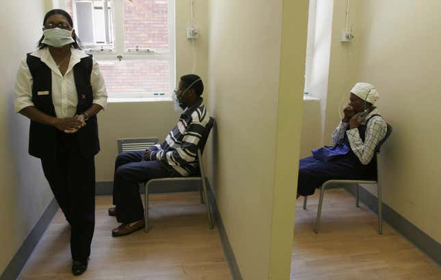 FILE - Patients use nebulizers during a test for the presence of TB, at the Tembalete, a U.S. funded Right to Care Clinic at the Helen Joseph Hospital in Johannesburg Wednesday, Dec 17, 2008. In a series of moves experts say signal a shift in how developing countries deal with pharmaceuticals, South Africa, Colombia and others have recently adopted a more combative approach towards drugmakers, pushing back on policies that deny treatment to millions of people with tuberculosis and HIV. (AP Photo/Denis Farrell, File)