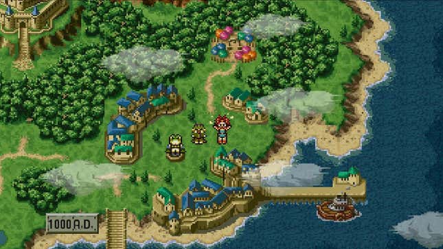 Chrono standing in the center of a game world map with forests and a castle