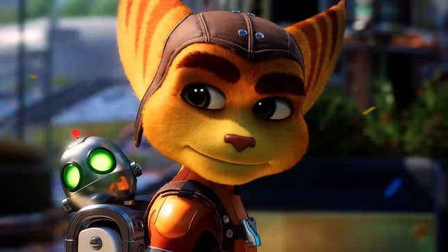 Ratchet looks at Clank on his back.