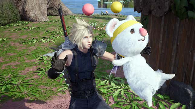 A moogle floats in front of Cloud.