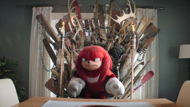 Knuckles sits on a makeshift Iron Throne.