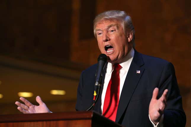 Former President Donald Trump speaks during a press conference at Trump Tower on Tuesday, Nov. 3, 2015, in New York. (Photo by Greg Allen/Invision/AP)