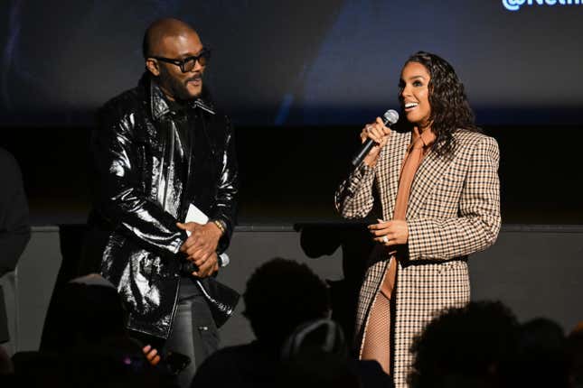 NEW YORK, NEW YORK - FEBRUARY 15: Tyler Perry, and Kelly Rowland speak onstage during Tyler Perry’s Mea Culpa Premiere at The Paris Theatre on February 15, 2024 in New York City. 