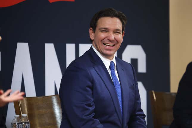 BETTENDORF, IOWA - DECEMBER 18: Republican presidential candidate Florida Governor Ron DeSantis speaks to guests during the Scott County Fireside Chat at the Tanglewood Hills Pavilion on December 18, 2023 in Bettendorf, Iowa. Iowa Republicans will be the first to select their party’s nomination for the 2024 presidential race when they go to caucus on January 15, 2024. 