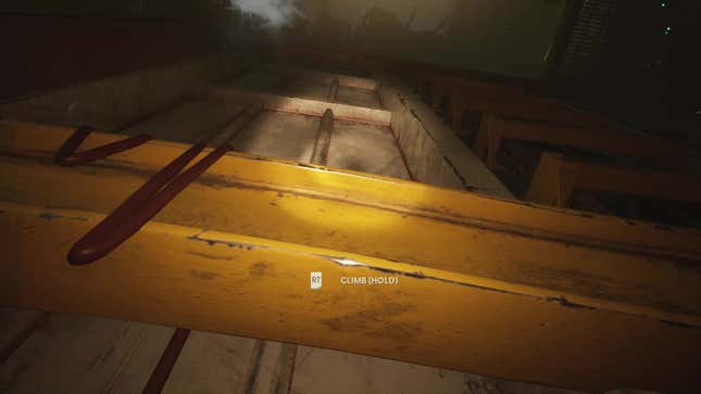 The player looks up at a beam with a prompt visible to indicate they can climb.