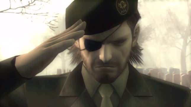 Une capture d’écran de Metal Gear Solid 3 montre Big Boss saluant. 