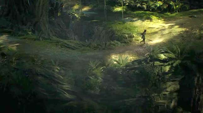 A figure walks through a dense jungle