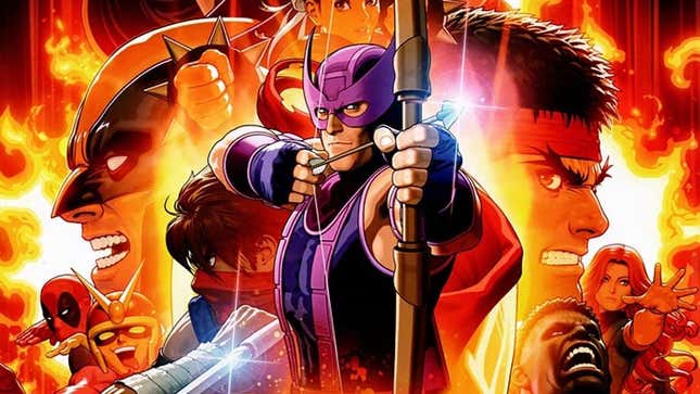 Hawkeye fires an arrow with a collage of Marvel and Capcom heroes behind him