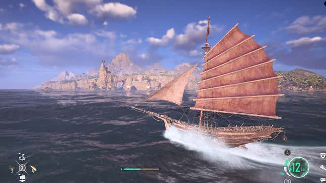 A screenshot shows a boat sailing across the ocean near an island. 
