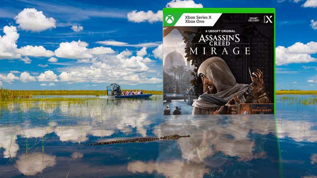 An image shows a massive game box in a swamp. 