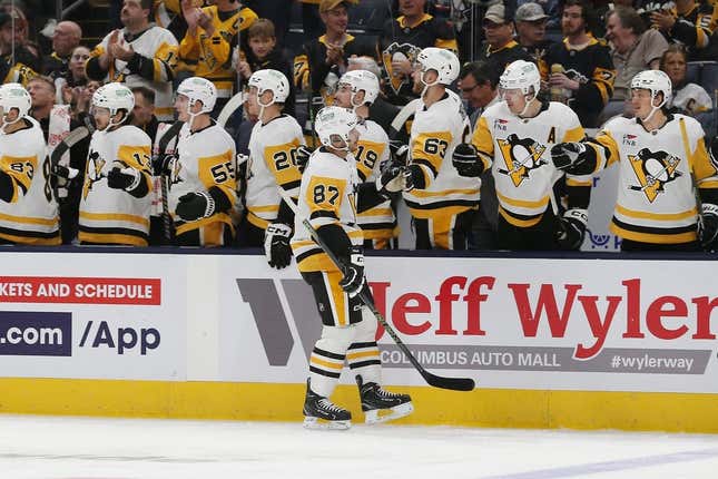 Nov 14, 2023; Columbus, Ohio, USA; Pittsburgh Penguins center Sidney Crosby (87) celebrates his goal against the Columbus Blue Jackets during the first period at Nationwide Arena.