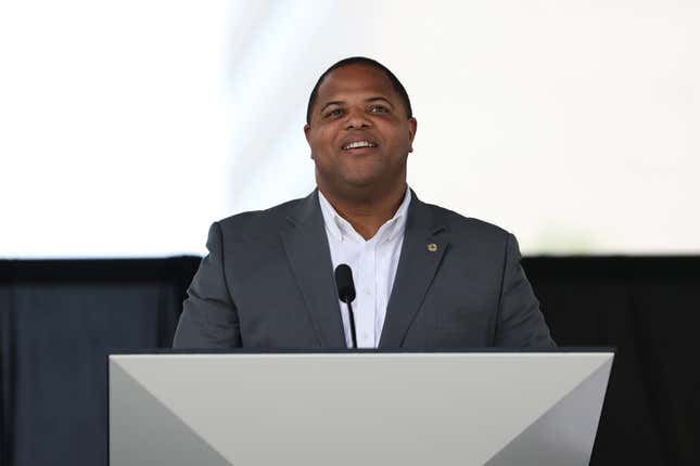 DALLAS, TX - JUNE 16: Mayor of Dallas Eric Johnson speaks during the FIFA World Cup 2026 Host City Announcement at the AT&amp;T Discovery District on June 16, 2022 in Dallas, Texas. 