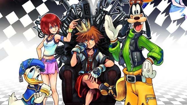Sora sits on a throne with Kairi, Donald, and Goofy standing next to him.