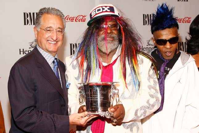 NEW YORK - SEPTEMBER 10: (L-R) President and CEO of BMI Del Bryant, George Clinton, winner of the BMI Icon Award, and Sly Stone attend the BMI Urban Awards at Jazz at Lincoln Center on September 10, 2009 in New York City.