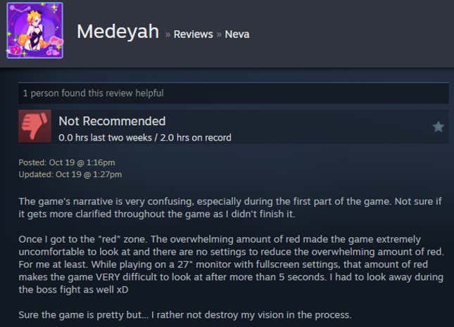 A screenshot shows a Steam user review from Neva.