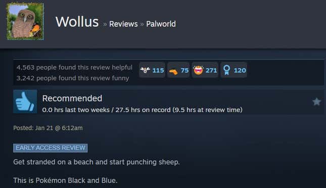 A Palworld steam review reading "Get stranded on a beach and start punching sheep. This is Pokemon Black and Blue."