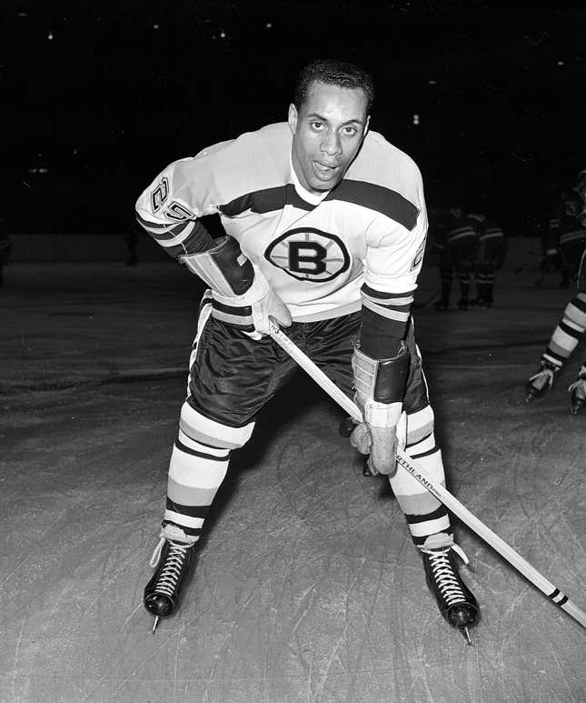 Boston Bruins’ Willie O’Ree warms up prior to a game against the New York Rangers at New York’s Madison Square Garden, Nov. 23, 1960. O’Ree, who became the first Black NHL player on Jan. 18, 1958, had his jersey retired by the Bruins on the same date 65 years later. The House of Representatives voted unanimously to award him the Congressional Gold Medal.