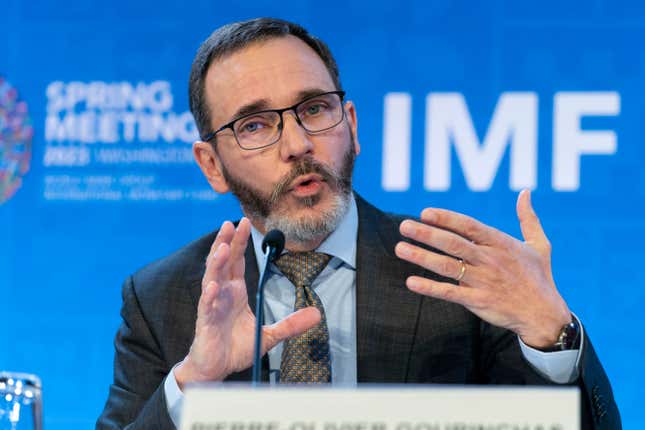 FILE - International Monetary Fund Director of the Research Department Pierre-Olivier Gourinchas speaks at a news conference during the World Bank/IMF Spring Meetings at the International Monetary Fund (IMF) headquarters in Washington, on April 11, 2023. The International Monetary Fund’s chief economist has advised the U.K. government to avoid further tax cuts amid expectations Prime Minister Rishi Sunak’s battered administration will do just that to win over voters in an election year. (AP Photo/Jose Luis Magana, File)