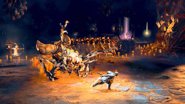  The player character runs from a large centipede monster.