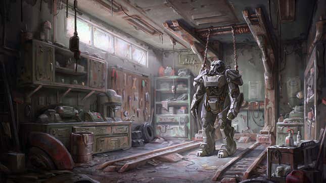 An image of a some Power Armor chained up in what appears to be a Fallout 4 garage.