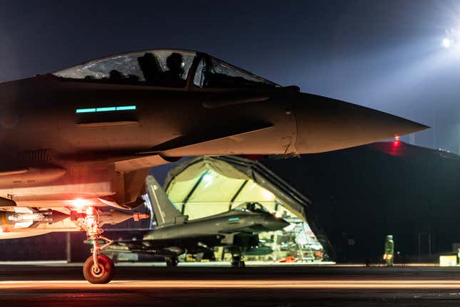 In this photo provided by Britain&#39;s Ministry of Defense, a Royal Air Force Typhoon aircraft prepares to take off, along with others, to conduct further strikes against Houthi targets in Yemen, Saturday, Feb. 24, 2024. The strikes answer a recent surge in attacks by the Iran-backed militia group on ships in the Red Sea and Gulf of Aden. (Cpl. Tim Laurence/RAF/UK Ministry of Defense via AP)