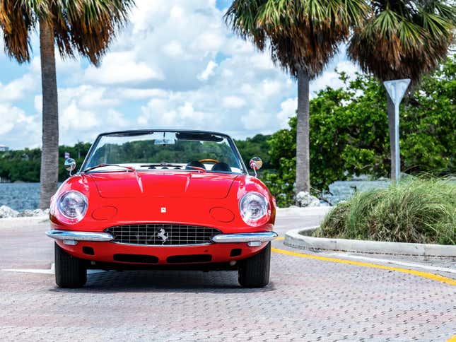 Front end of a red 1967 Ferrari 365 California Spyder