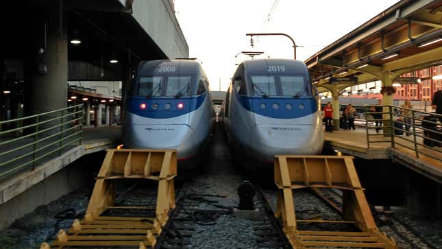 Two Amtrak Acela Express locomotives waiting at Union Station in Washington DC